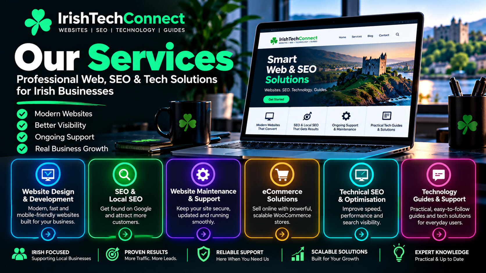 Irish Tech Connect services — web design, hosting, SEO and e-commerce pricing Ireland